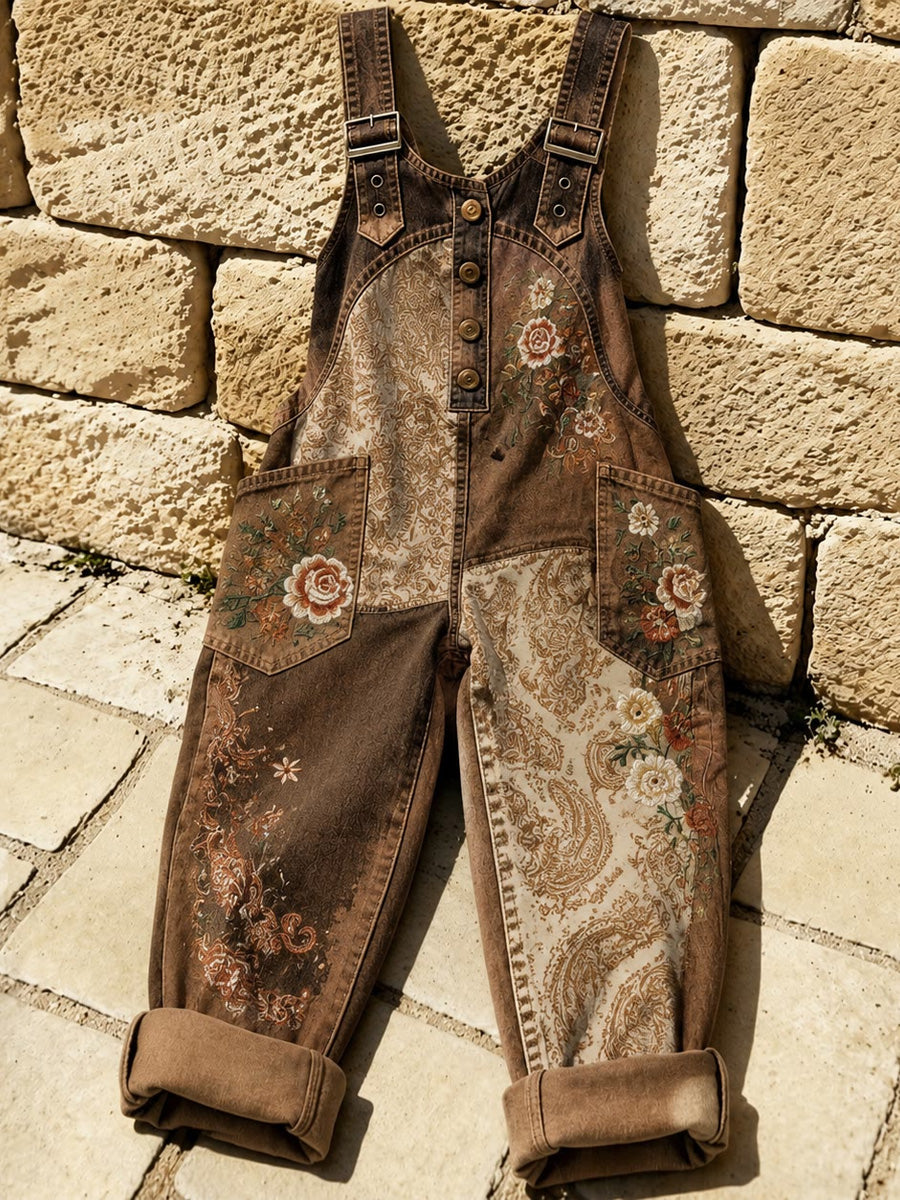 Women's Retro Style Print Washed Cotton Denim Patchwork Jumpsuit