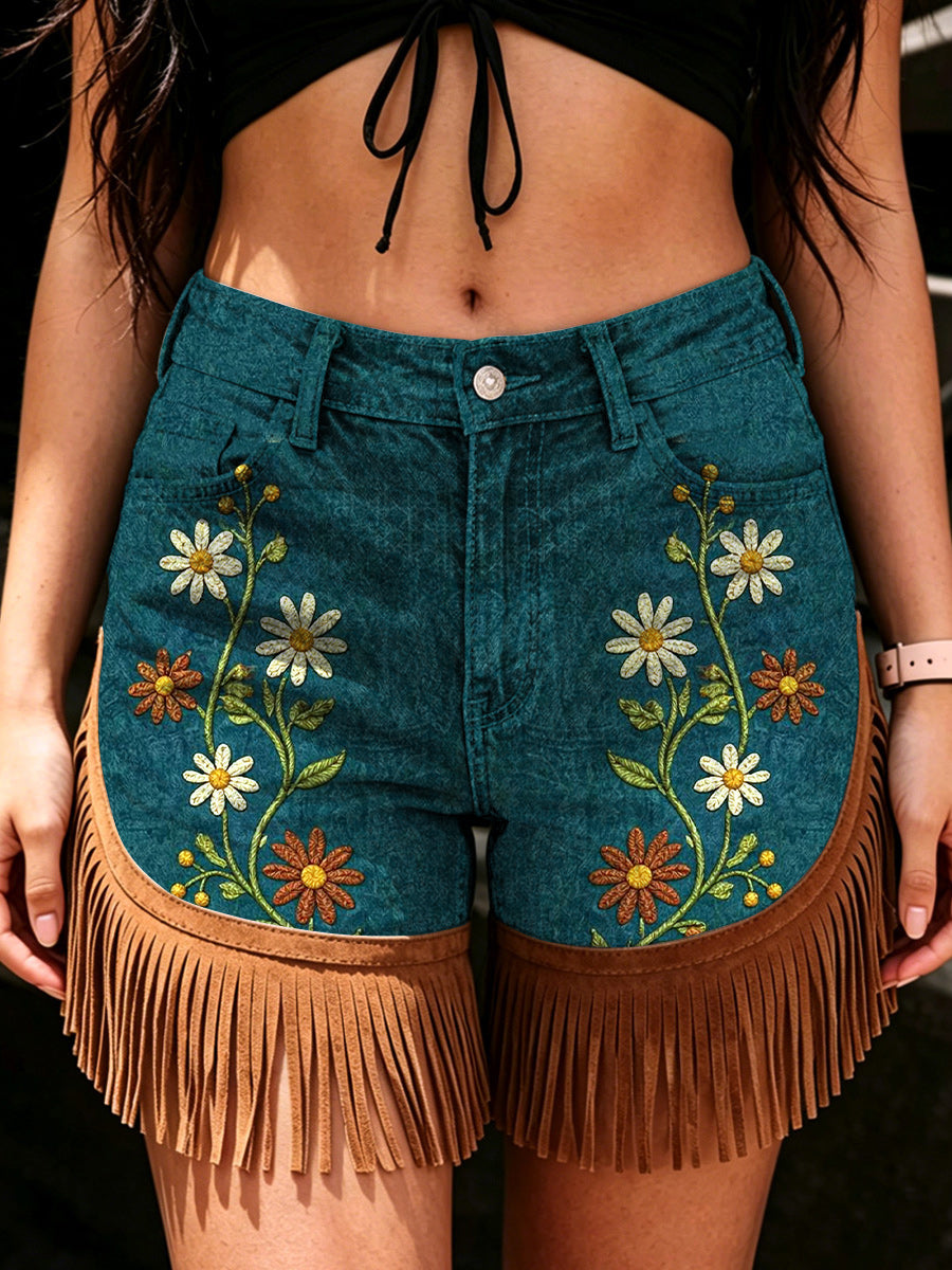Women's Retro Style Art Print Casual Leather Fringe Patchwork Pocket Shorts