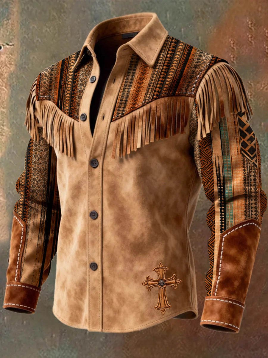 Men's Retro Western Style Art Print Vintage Tassel Casual Long Sleeve Shirt
