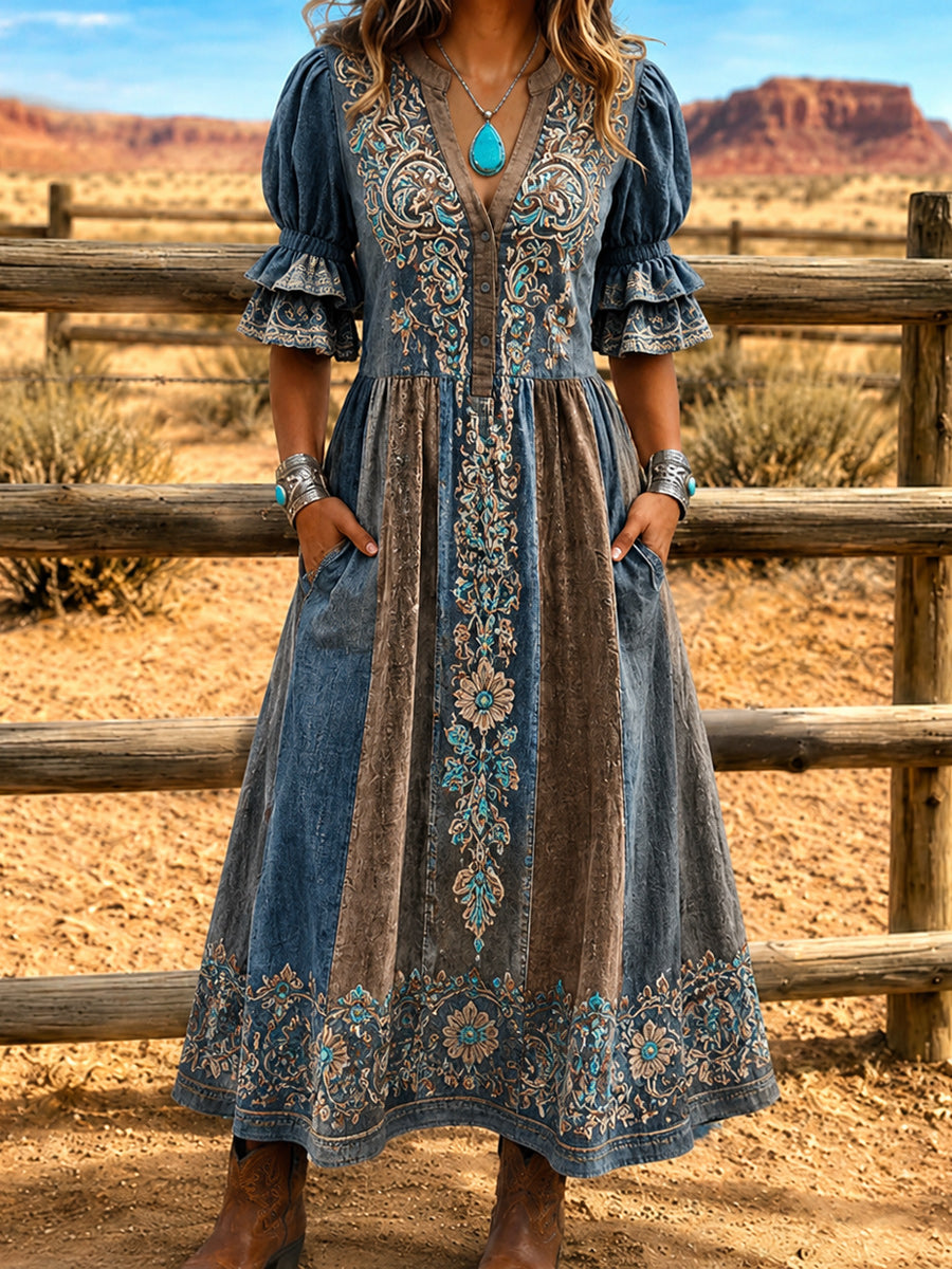 Women's Retro Art Print Washed Cotton Lace Patchwork Midi Dress