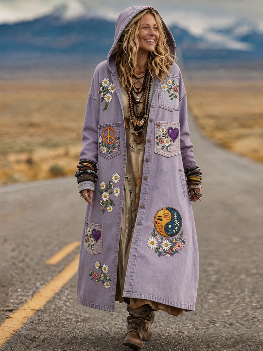 Retro Bohemian Style Art Printed Cotton Buttoned Hooded Casual Loose Long-Sleeved Shirt