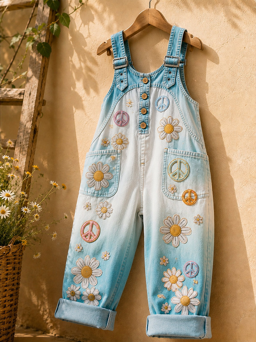 Women's Retro Style Art Print Washed Cotton Denim Patchwork Jumpsuit
