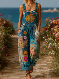 Women's Retro Style Art Print Washed Cotton Denim Patchwork Jumpsuit