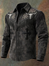 Men's Retro Western Style Art Print Vintage Tassel Casual Long Sleeve Shirt