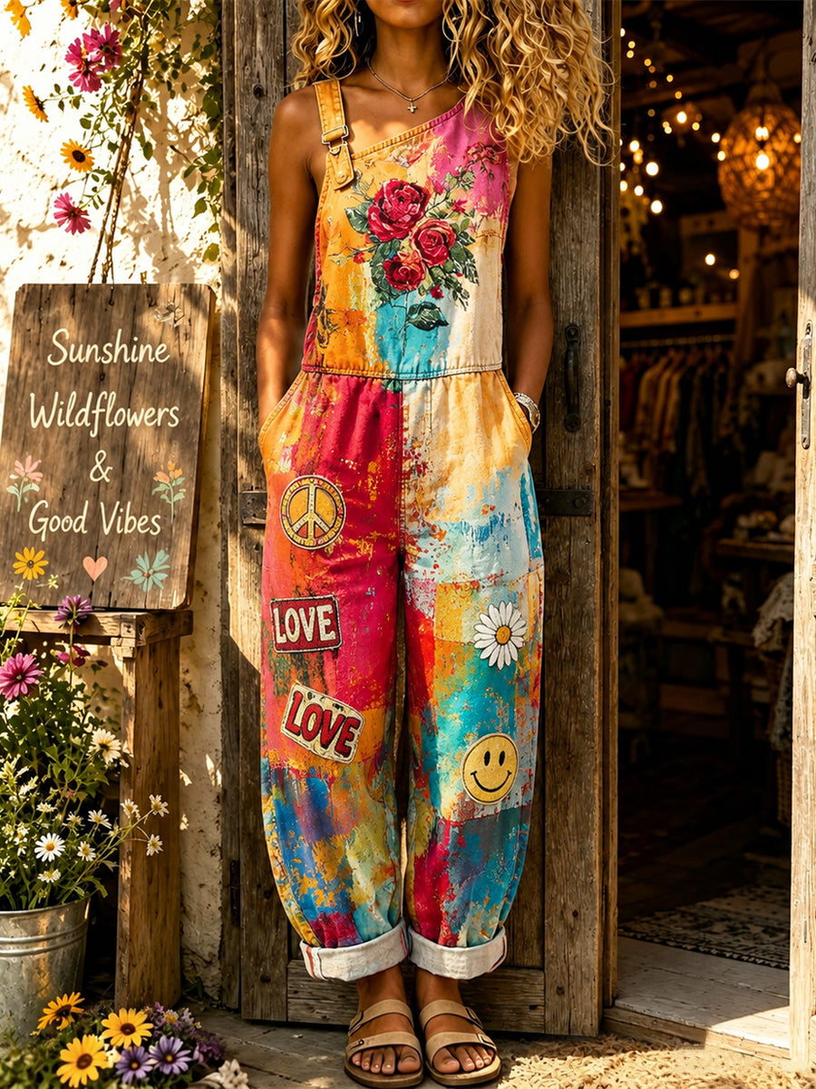 Women's Retro Style Art Print Washed Cotton Denim Patchwork Sleeveless Jumpsuit
