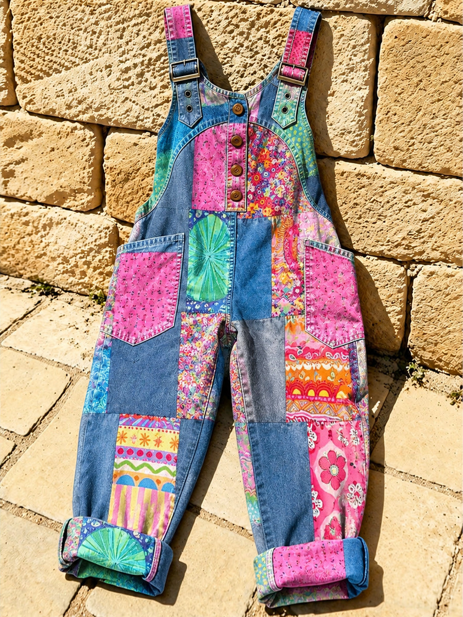 Women's Retro Style Art Print Washed Cotton Denim Patchwork Jumpsuit