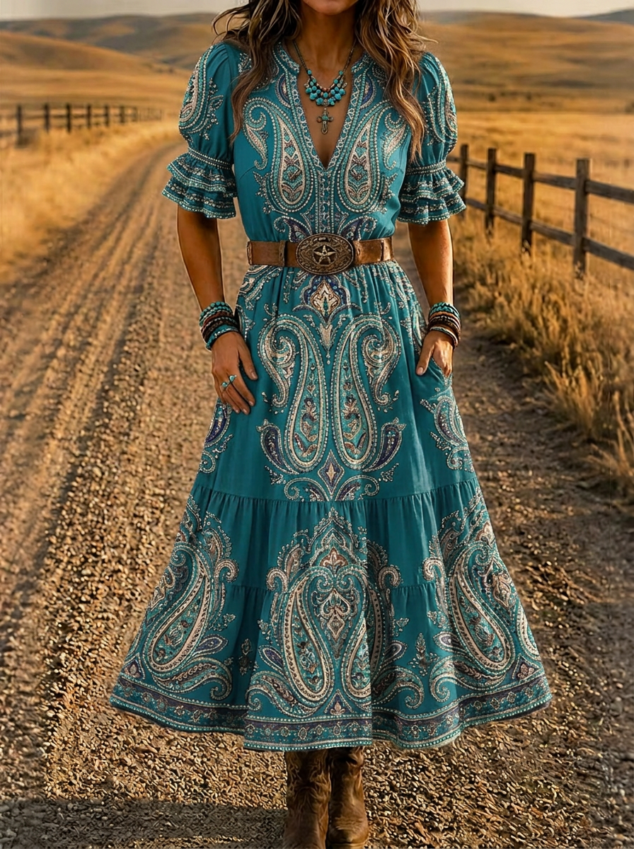 Women's Western Boho Paisley Printed Dress