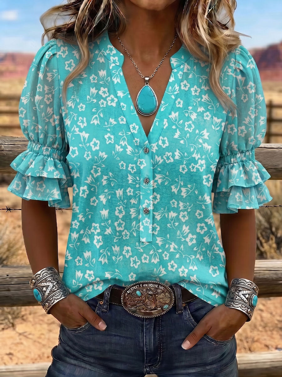 Vintage Art Print Comfortable Summer Fabrics Puff Sleeve Casual Shirt