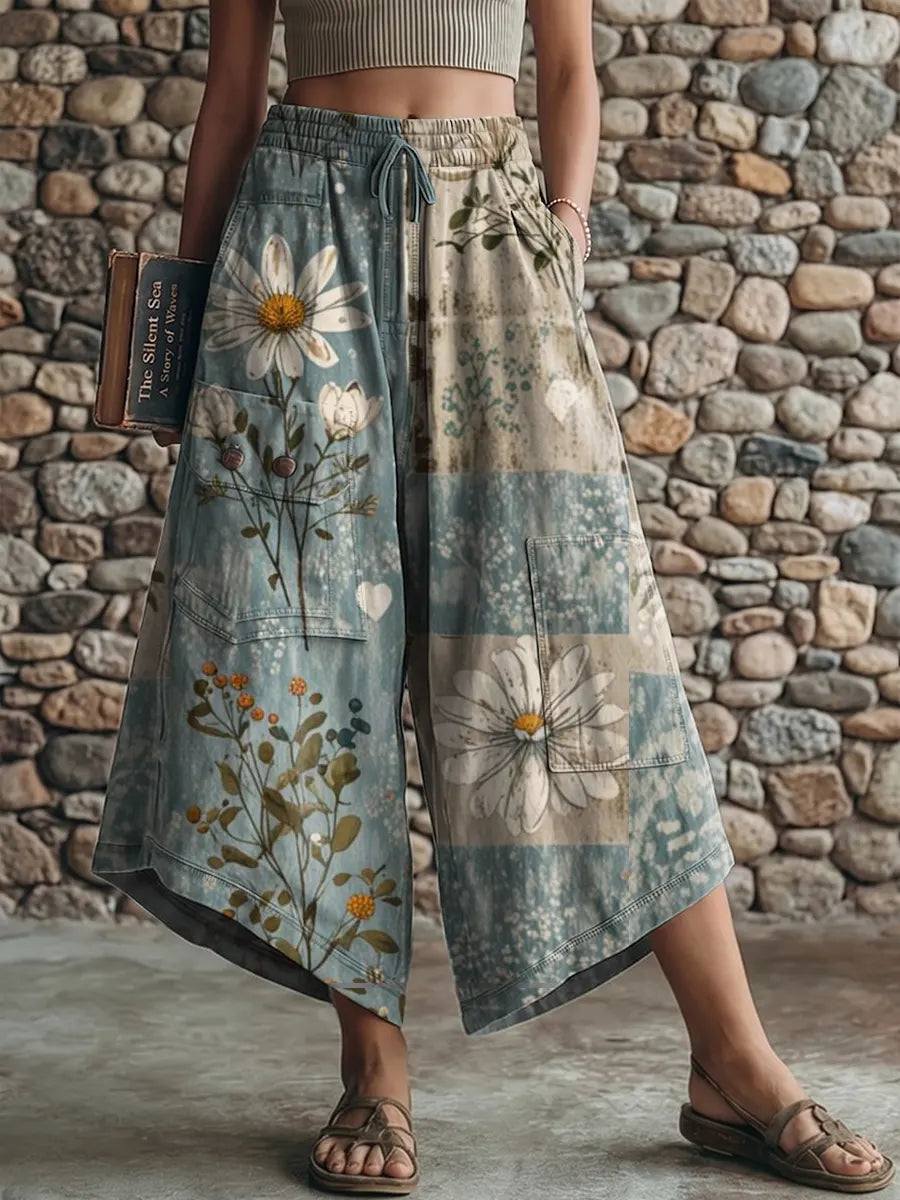 Ethnicity Bohemian Style Flowers Women's Art Print Casual Elastic Waist Loose Pants