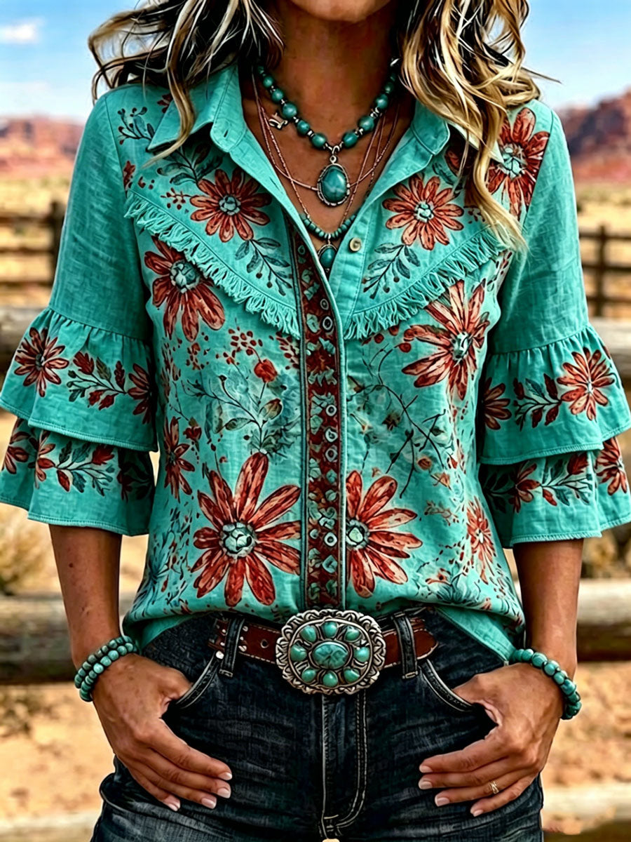 Women's Vintage Floral  Embroidered Casual Ruffle Lapel Shirt
