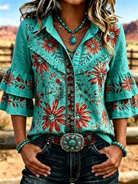 Women's Vintage Floral  Embroidered Casual Ruffle Lapel Shirt