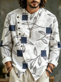 Men's Vintage Japanese Floral Ink Art Print Flowy Linen Blend Casual Buttons Shirts