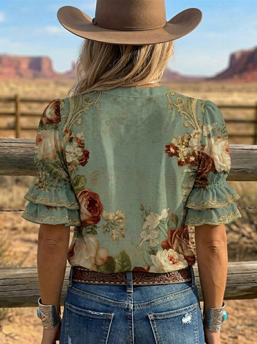 Women's Retro Floral Art Puff Sleeve Casual Shirt
