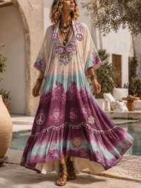 Retro Style Art Printed Vintage Camisole Dress Long Sleeve Two-Piece Maxi Dress