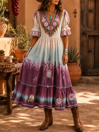 Women's Retro Art Print Washed Cotton Lace Patchwork Midi Dress