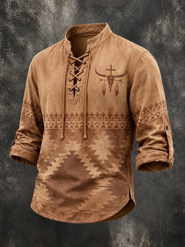 Men's Bull Skull Cross Feather Aztec Gradient Western Long Sleeve Top