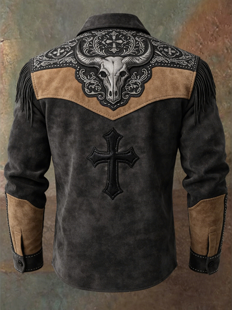 Men's Retro Western Style Art Print Vintage Tassel Casual Long Sleeve Shirt