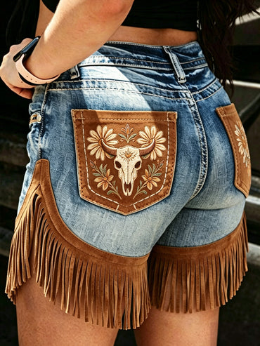 Women's Retro Floral Art Print Casual Leather Fringe Patchwork Pocket Shorts