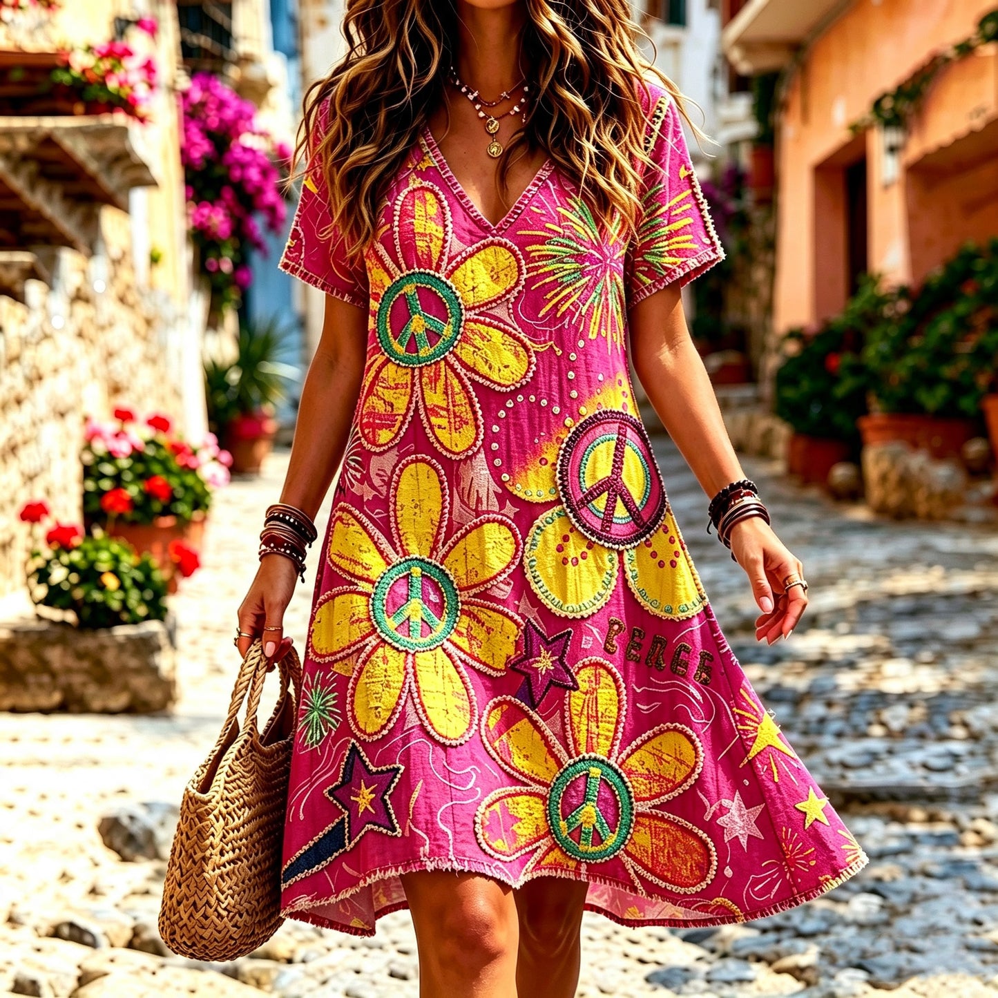 Women's Retro Bohemian Hippie Style Floral Print Dress