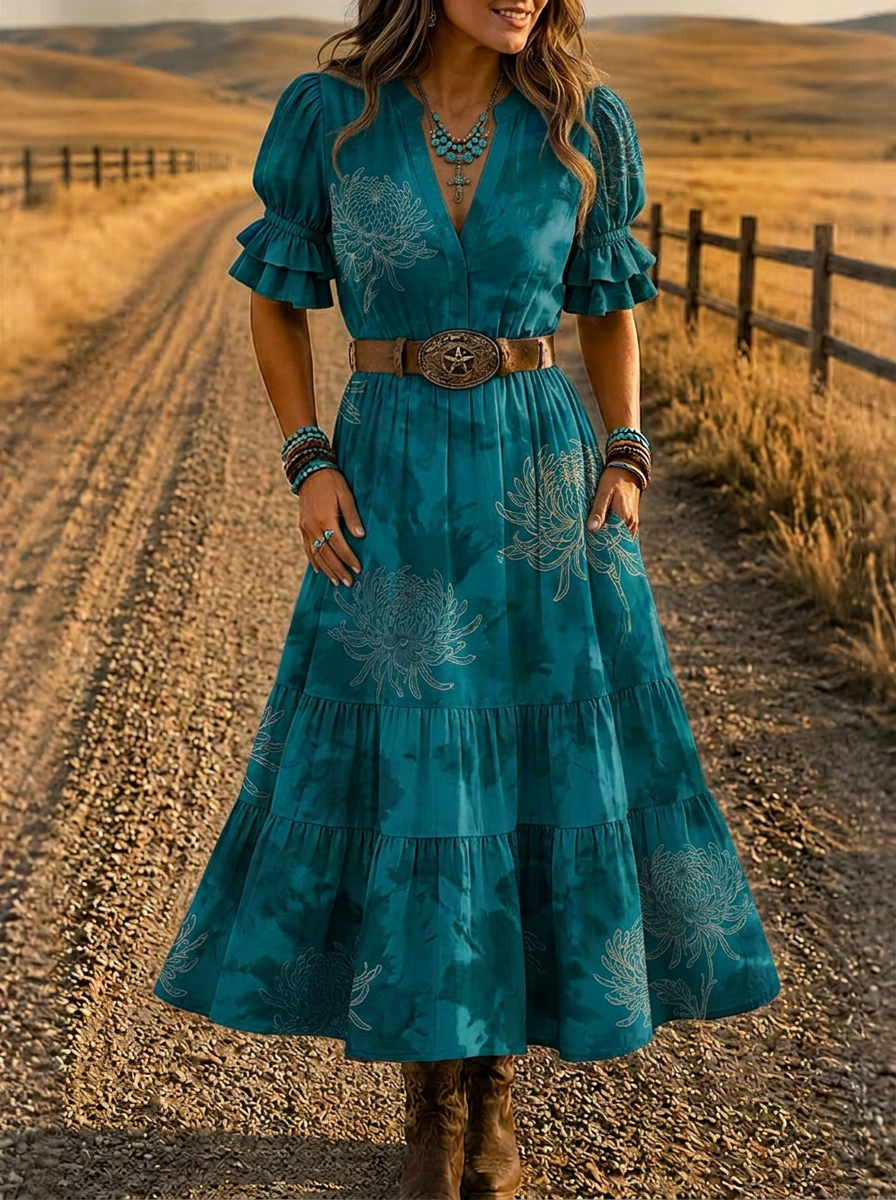 Women's Western Boho Floral Tie-Dye Printed Dress