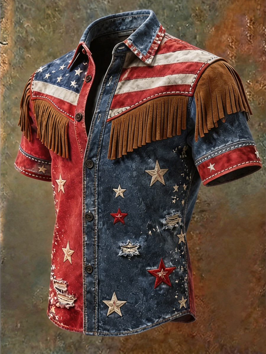 Men's Retro Style Art Printed Vintage Tassel Casual Short Sleeves Shirt