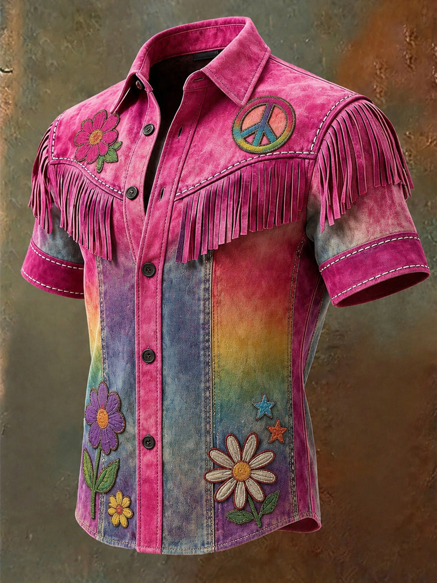 Men's Retro Hippie Art Printed Vintage Tassel Casual Short Sleeves Shirt