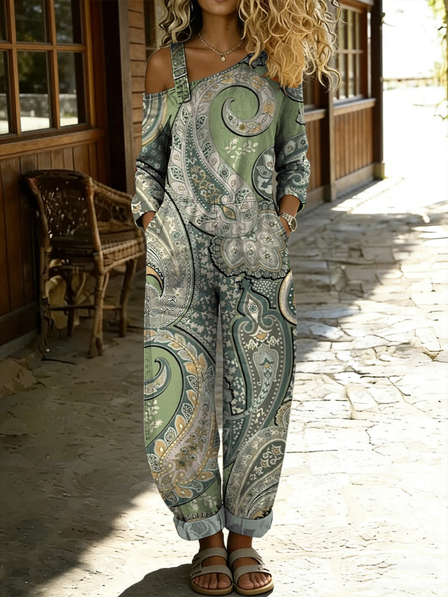 Women's Retro Hippy Floral Art Print Washed Cotton Denim Patchwork Jumpsuit