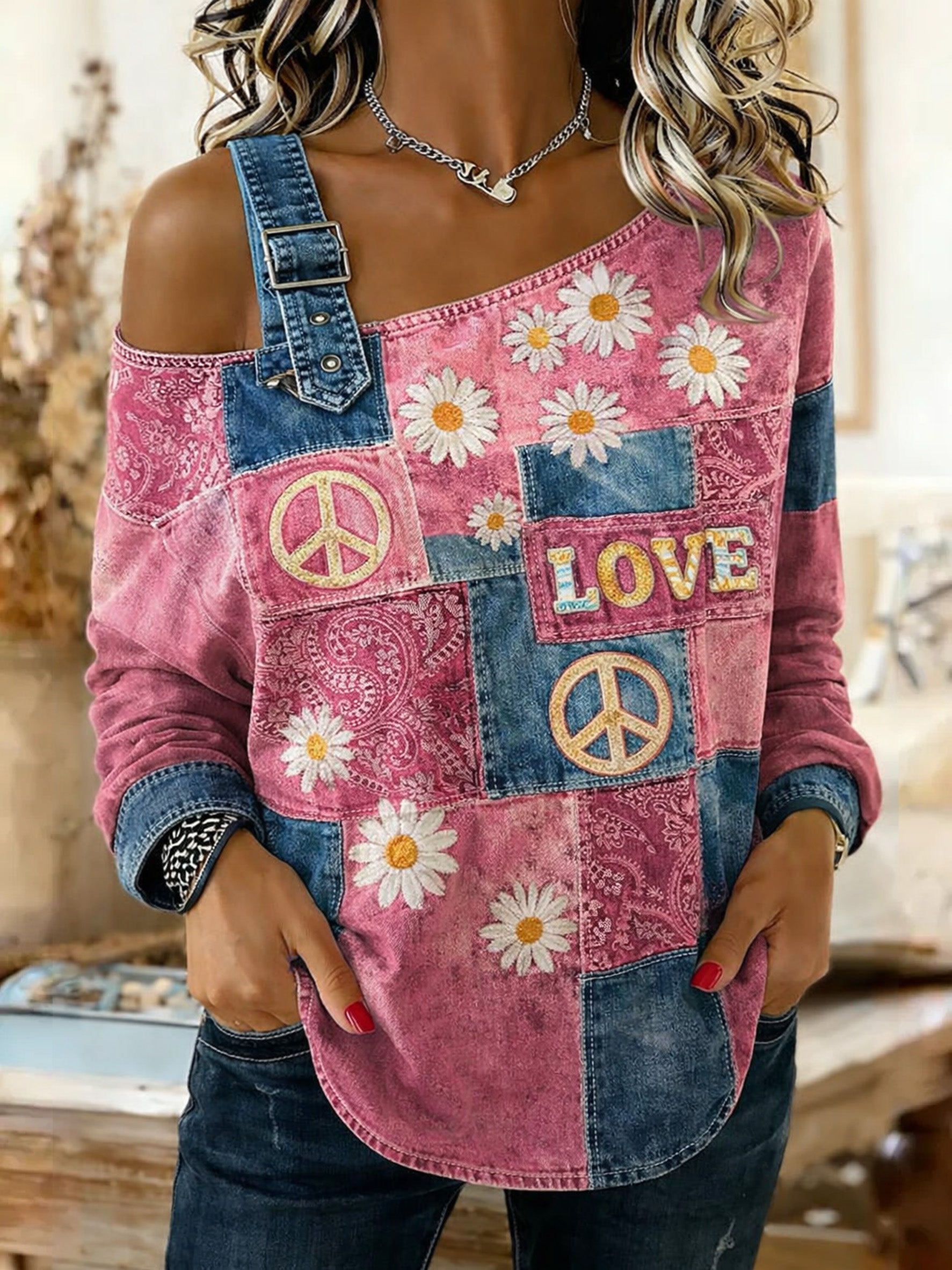 Women's Retro Floral Color-Blocked Art Print Washed Denim Long Sleeve Shoulder Strap Top