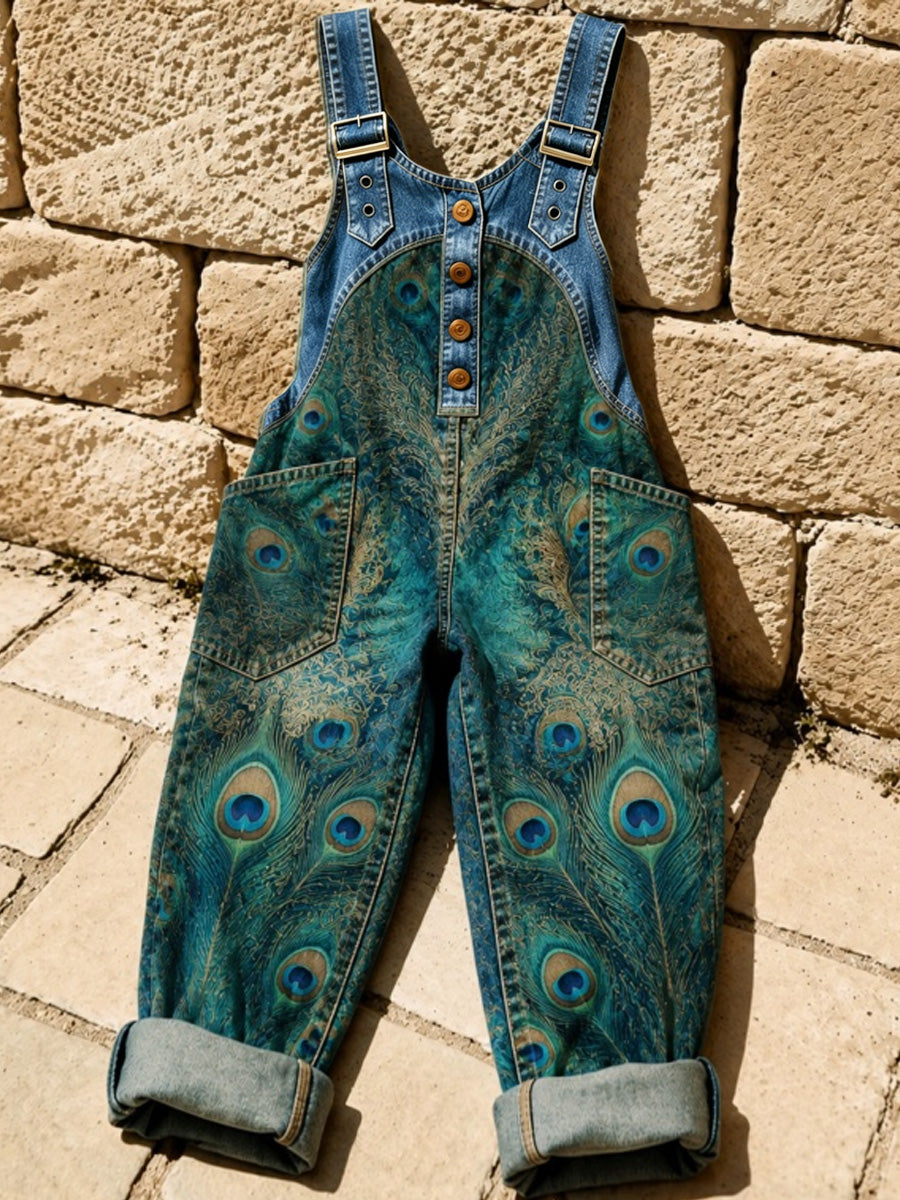 Women's Retro Style Print Washed Cotton Denim Patchwork Jumpsuit