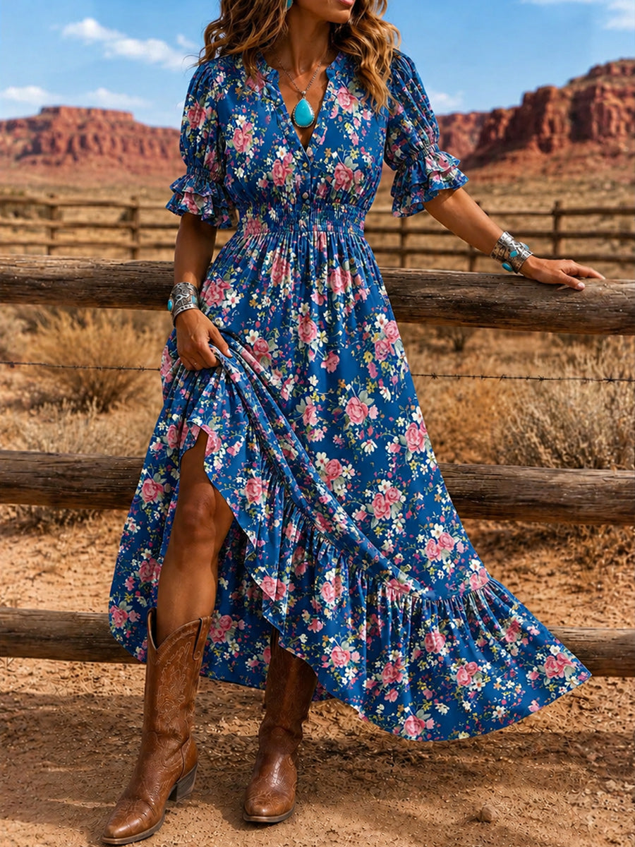 Women's Retro Art Print Washed Cotton Lace Patchwork Midi Dress