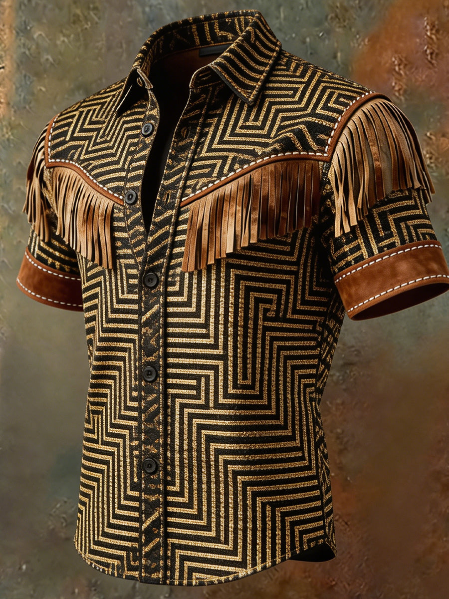 Men's Retro Western Printed Vintage Tassel Casual Short Sleeves Shirt