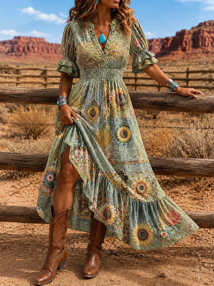 Women's Retro Art Print Washed Cotton Layered Patchwork Midi Dress