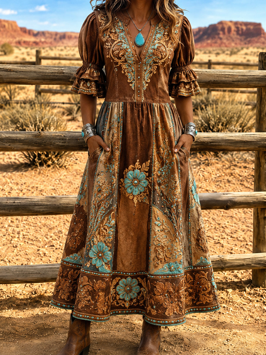 Women's Retro Art Print Washed Cotton Layered Patchwork Midi Dress