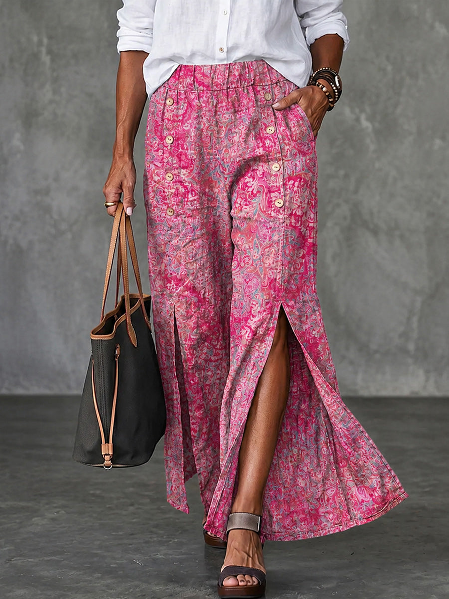 Women's Retro Art Print Button Front Wide Leg Pants