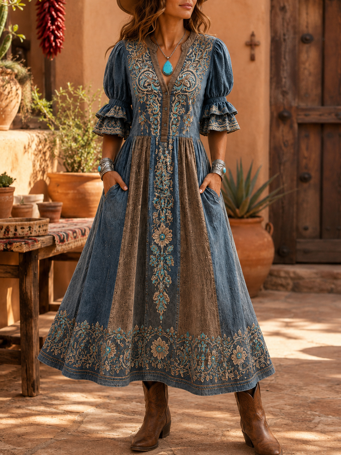 Women's Retro Art Print Washed Cotton Lace Patchwork Midi Dress