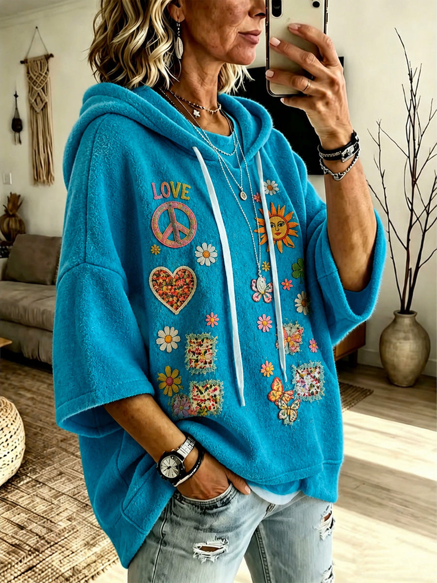 Retro Style Art Printed Casual Short Sleeve Hooded Drawstring Loose Top