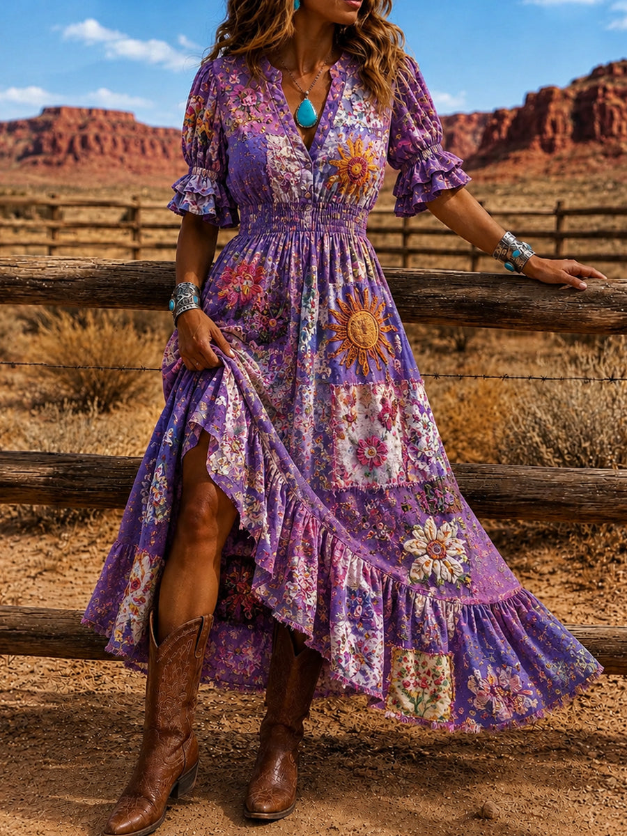 Women's Retro Art Print Washed Cotton Layered Patchwork Midi Dress