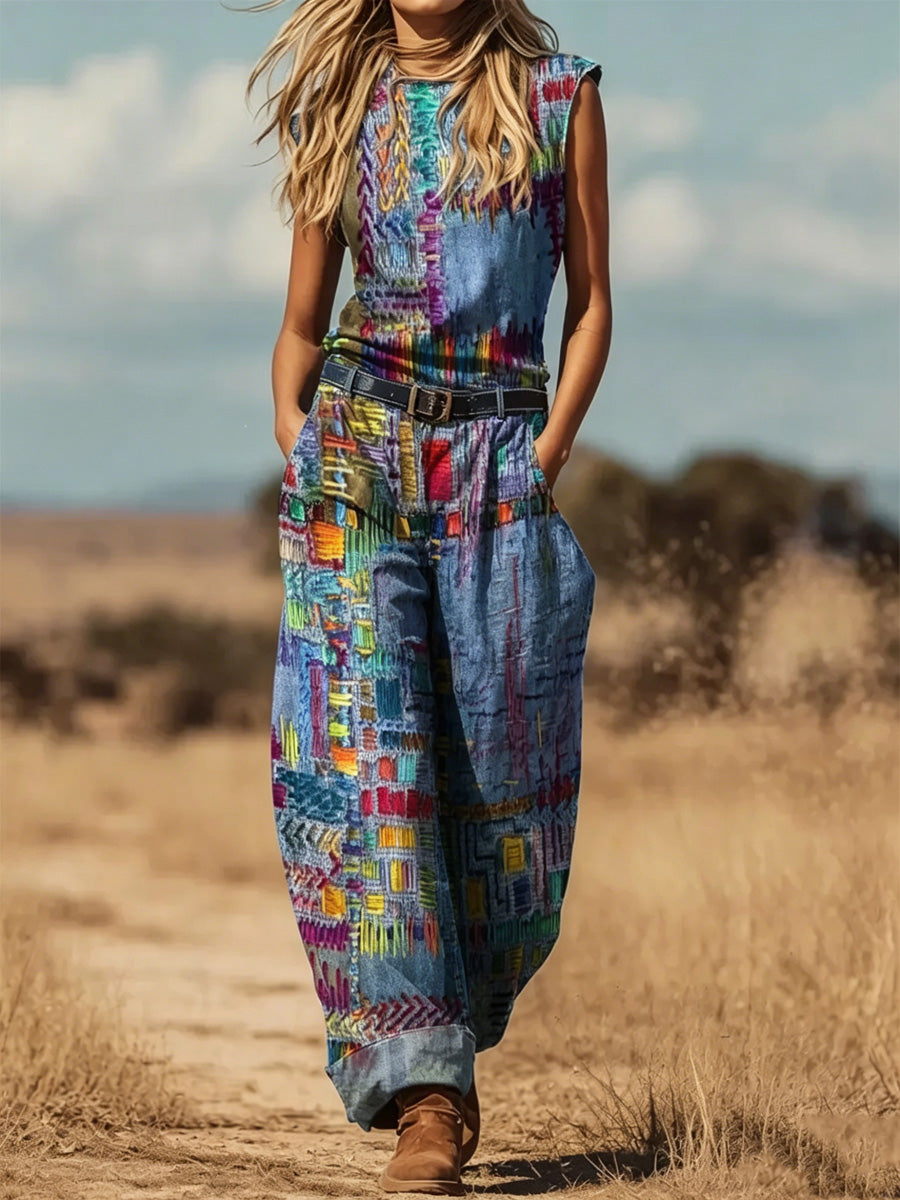 Women's Retro Floral Color-Blocked Art Print Round Neck Denim Patchwork Jumpsuit