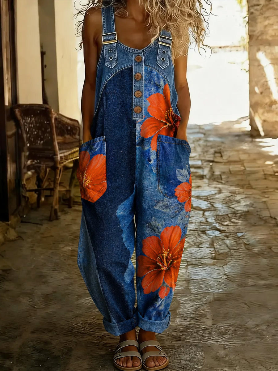 Women's Retro Style Print Washed Cotton Denim Patchwork Jumpsuit