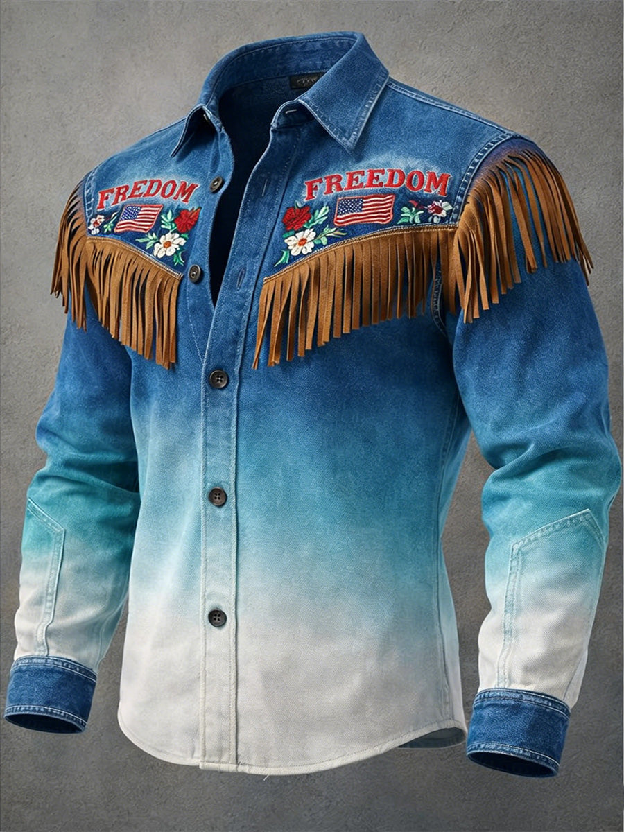 Men's Retro Western USA Flag Business Style Art Print Vintage Tassel Casual Long Sleeve Shirt