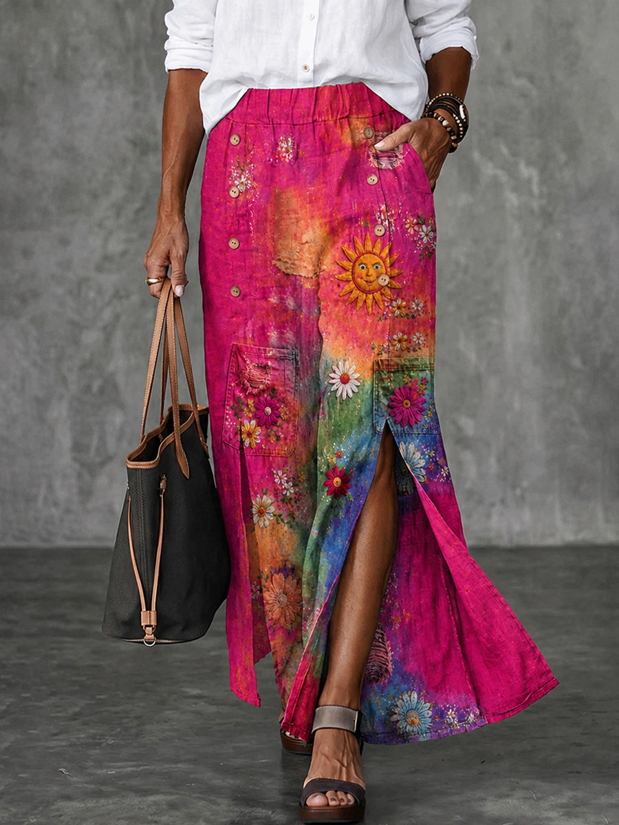 Women's Retro Art Print Button Front Wide Leg Pants