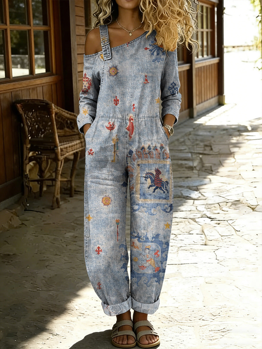 Women's Retro Hippy Floral Art Print Washed Cotton Denim Patchwork Jumpsuit