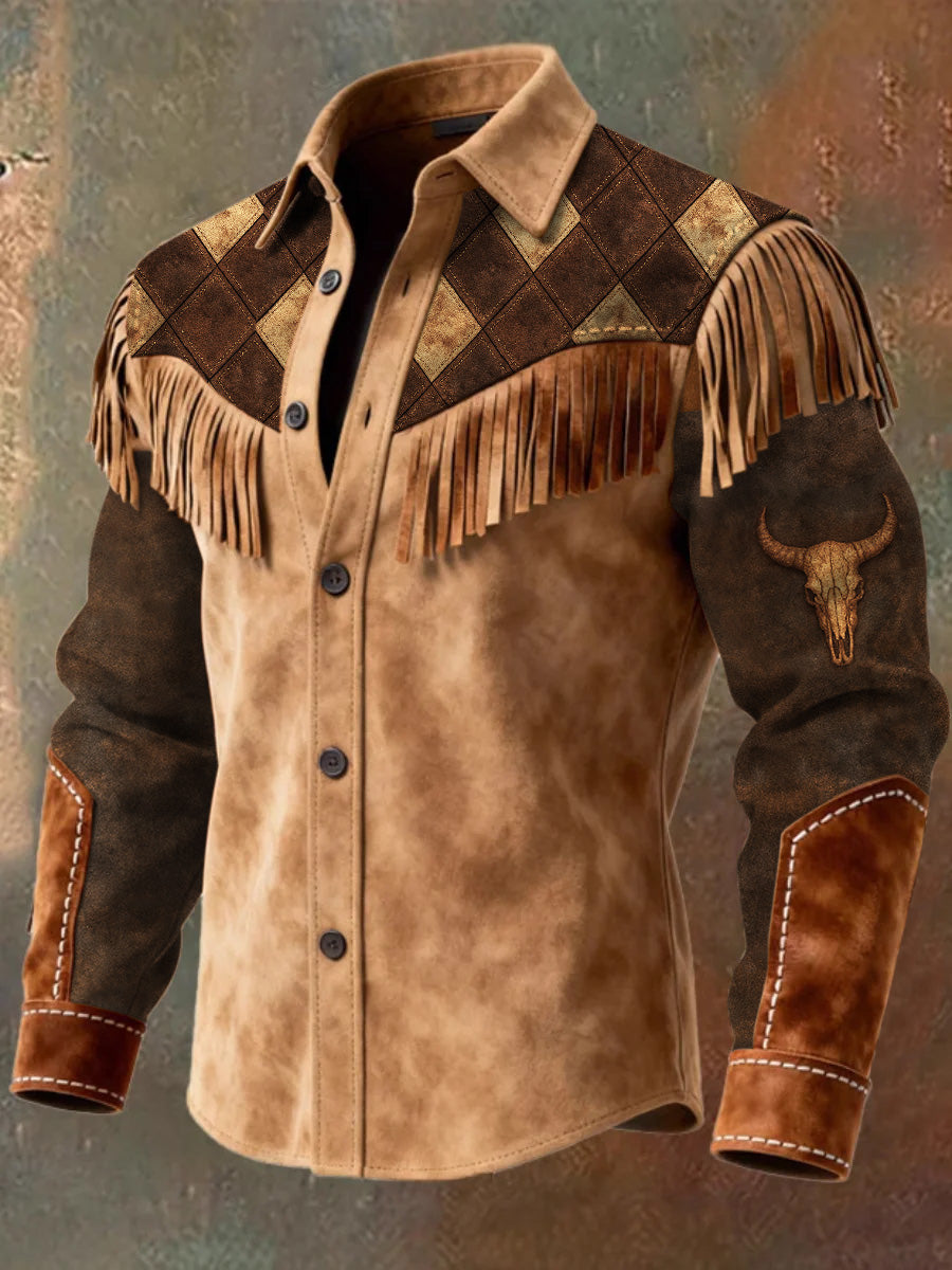 Men's Retro Western Style Art Print Vintage Tassel Casual Long Sleeve Shirt
