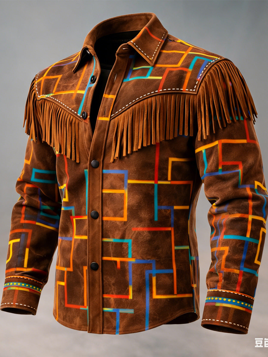 Men's Retro Leisurely Style Art Print Western Vintage Tassel Casual Long Sleeve Shirt