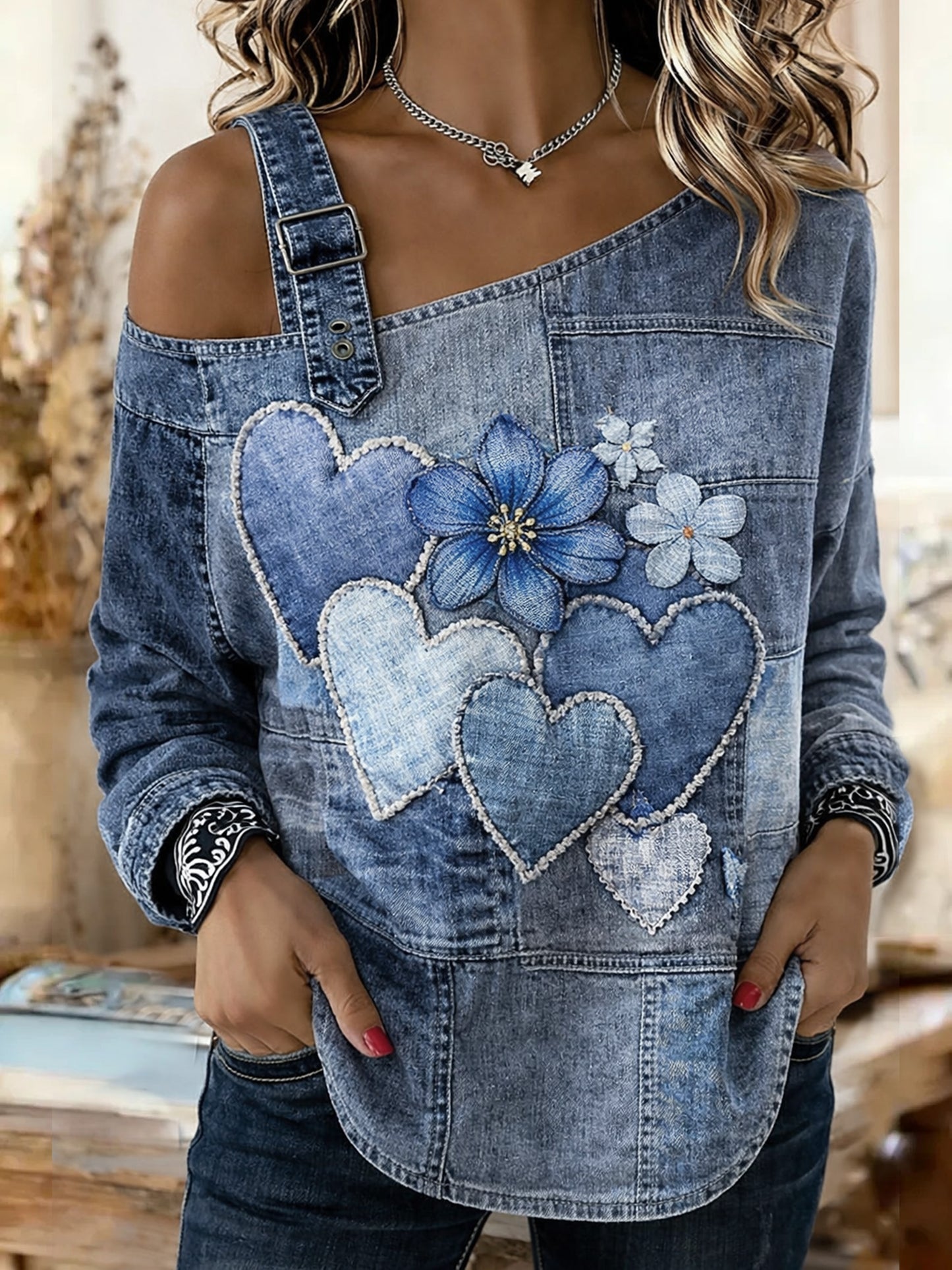 Women's Retro Floral Color-Blocked Art Print Washed Denim Long Sleeve Shoulder Strap Top