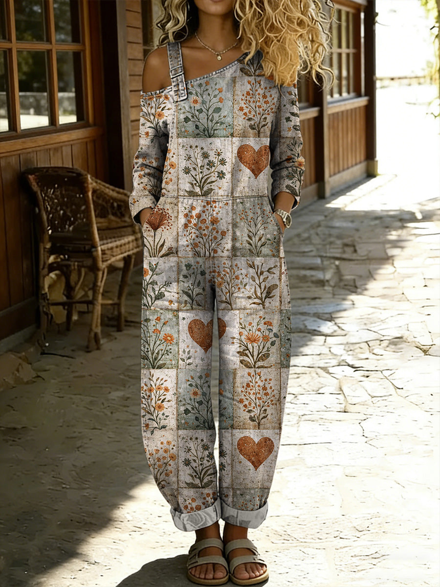 Women's Retro Style Floral Art Print Washed Cotton Denim Patchwork Jumpsuit