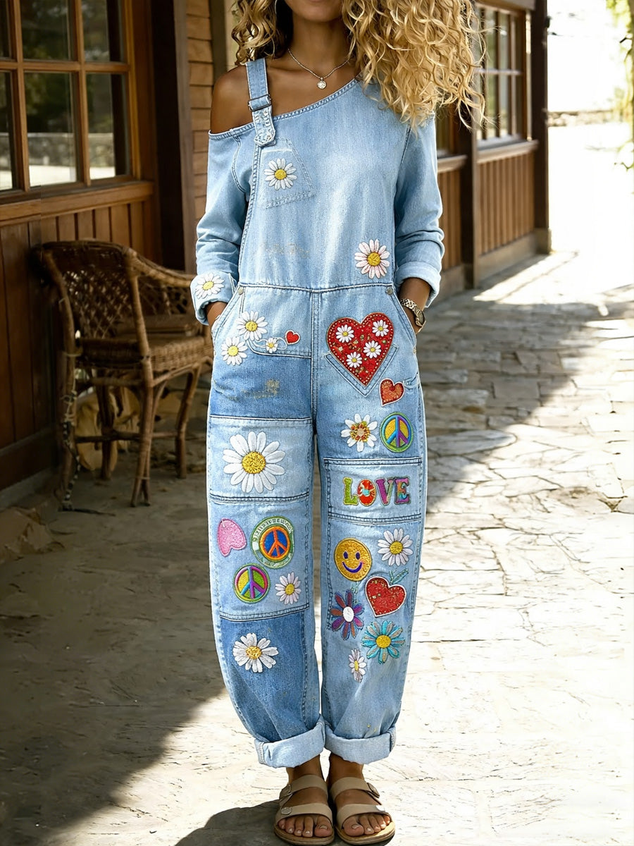 Women's Retro Hippy Floral Art Print Washed Cotton Denim Patchwork Jumpsuit