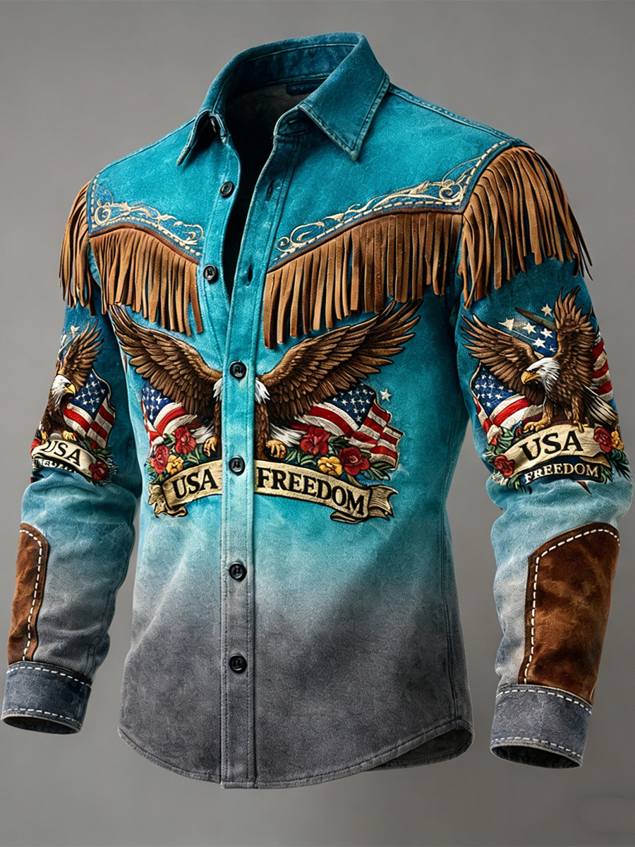 Men's Retro Western USA Flag Business Style Art Print Vintage Tassel Casual Long Sleeve Shirt