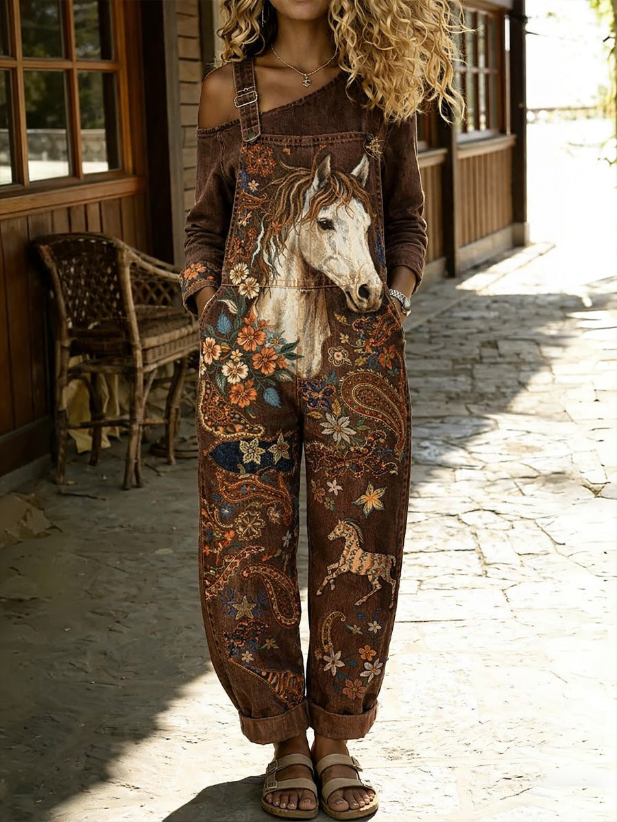 Women's Retro Style Floral Art Print Washed Cotton Denim Patchwork Jumpsuit