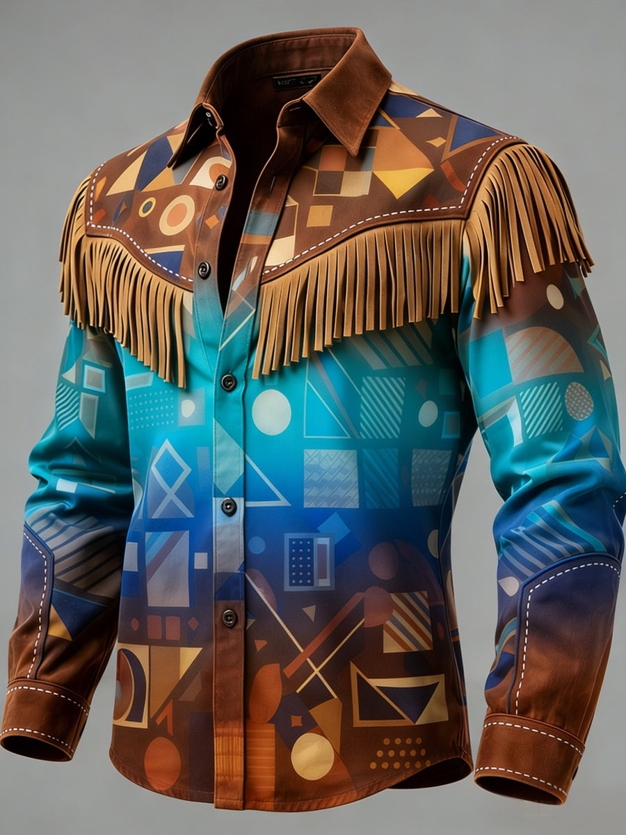 Men's Retro Leisurely Style Art Print Western Vintage Tassel Casual Long Sleeve Shirt